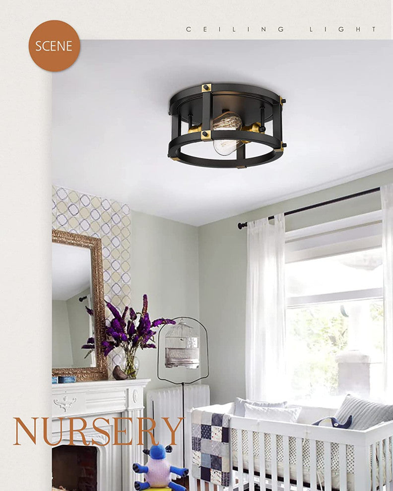 2 Light Industrial Close to Ceiling Light Fixture, Black Metal Frame