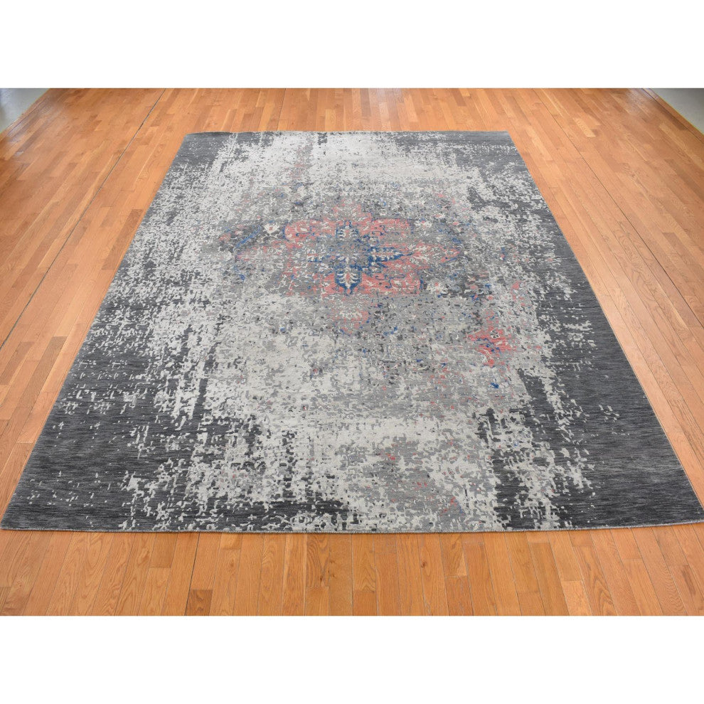 Arsenic Gray, Wool and Silk, Erased Heriz Design Hand Knotted Rug, 9'2"x12'