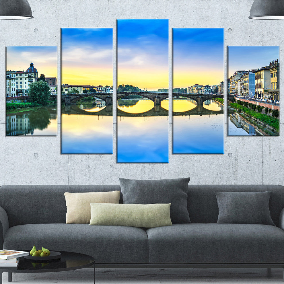 Carraia Medieval Bridge on Arno River, Beach Photo Canvas Art, 60"x32", 5 Panels