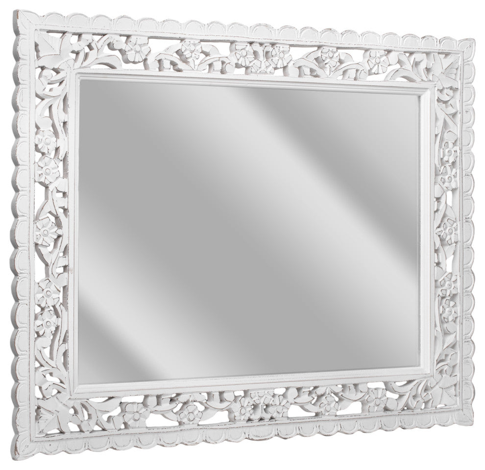 American Art Decor Hand-Carved Floral Wood Panel and Decor Mirror, White