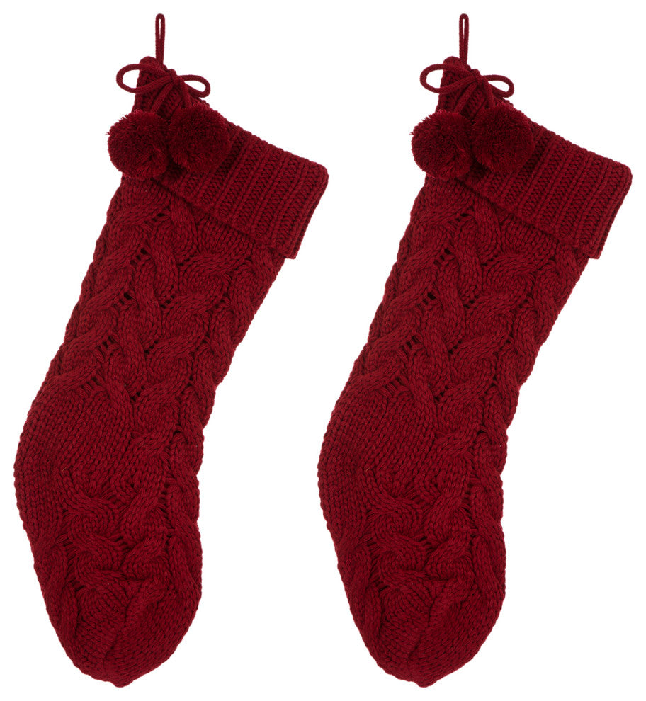 2-Pack 24"L Knitted Polyester Christmas Stocking With Pom Pom Ball, Red