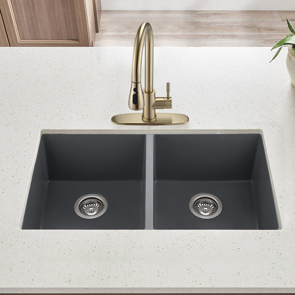 32" x 18" Gray Quartz Double Bowl Undermount Kitchen Sink