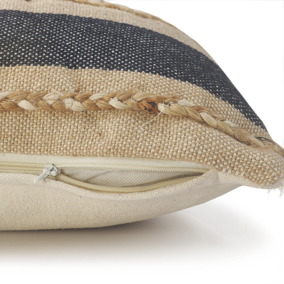 Ox Bay Blue/Tan Stripe Cotton Blend Pillow Cover, 14"x36"