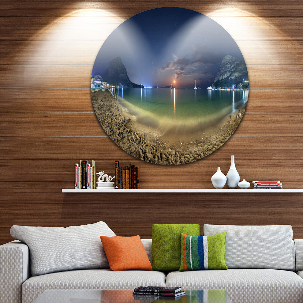 Beach With Lunar Path, Seashore Photography Round Metal Wall Art, 36"