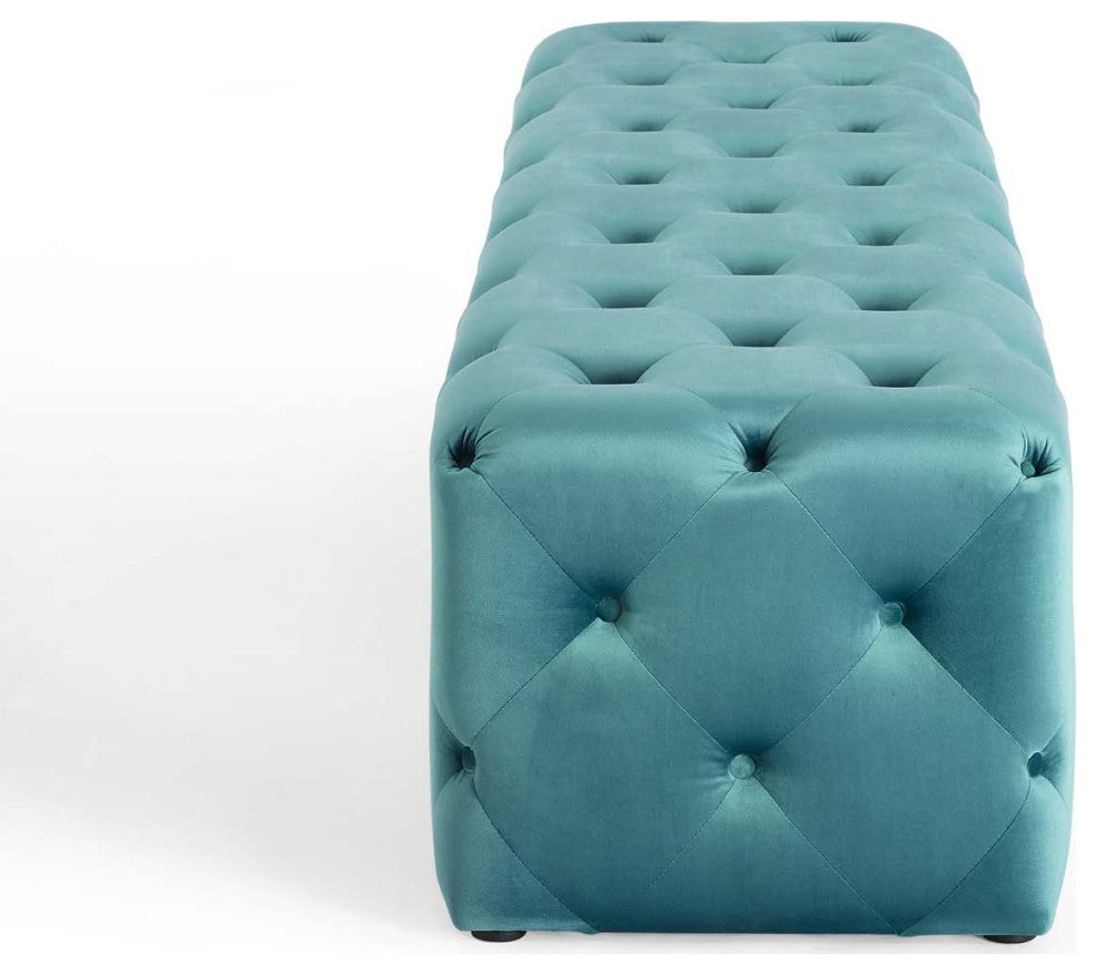 Tufted Accent Chair Bench, Velvet, Blue, Modern, Living Lounge Hotel Hospitality