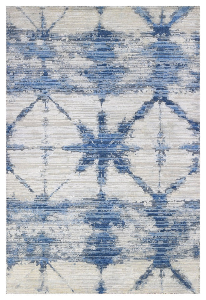 Blue and White Modern Hand Knotted Pure Silk and Textured Wool Rug, 6'1" x 9'1"