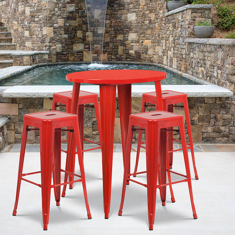 30" Round Red Metal Bar 5-Piece Table Set With 4 Square Seat Backless Stools