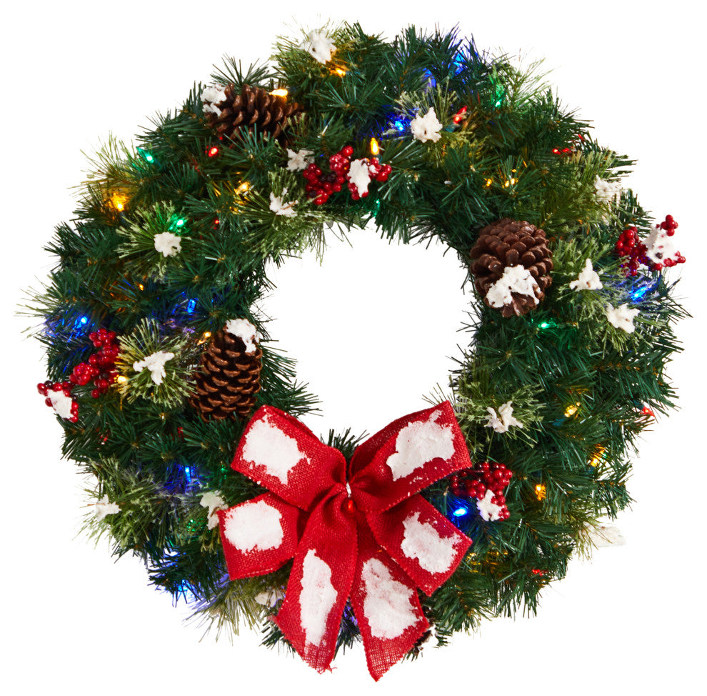24" Snow Tipped Berry and Pinecone Faux Wreath With Bow and 50 LED Lights