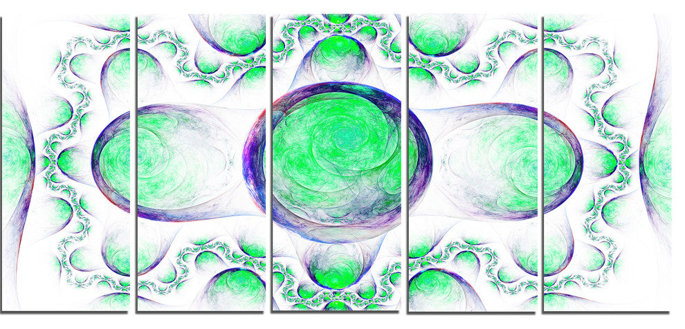 Green Exotic Pattern on White, Abstract Art on Canvas, 60"x28", 5 Panels