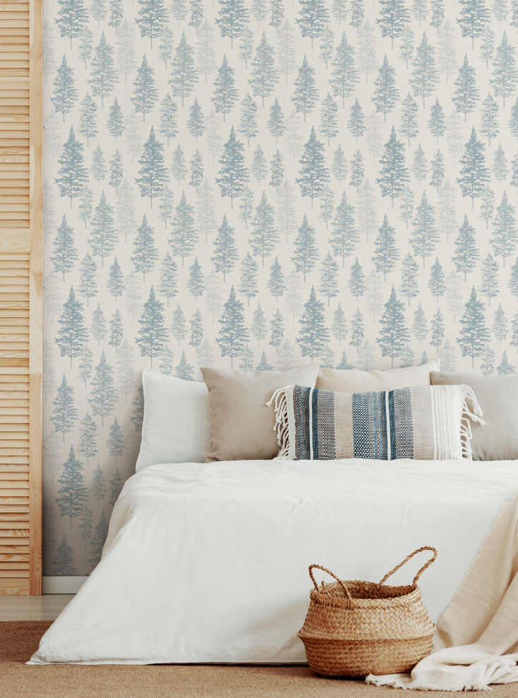 Illustrated Evergreen Forest Peel and Stick Vinyl Wallpaper, Winter Blue, 24"x108"