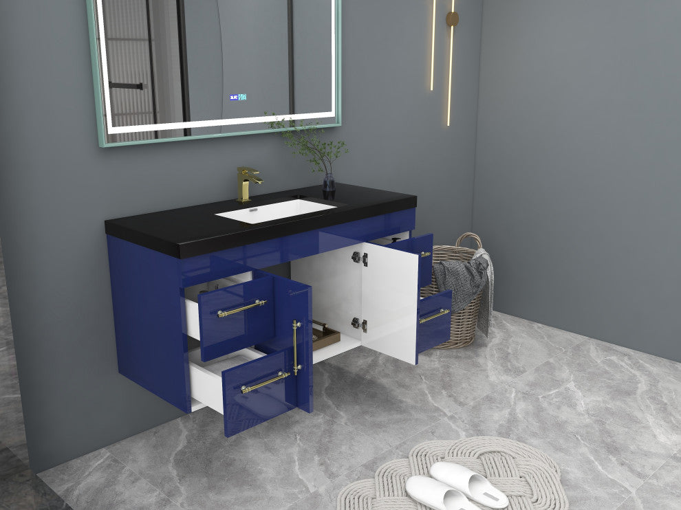 Rosa 48" Wall Mounted Modern Vanity, High Gloss Night Blue, Matt Black Top