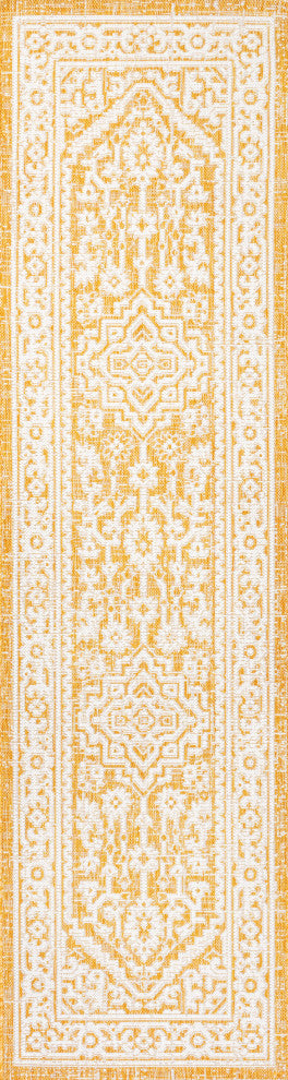Sinjuri Medallion Textured Weave Indoor/Outdoor, Yellow/Cream, 2x10