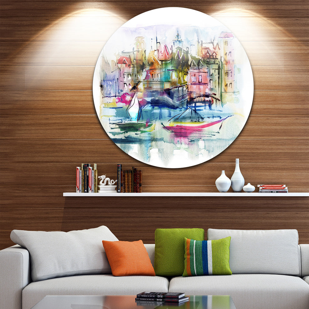 Houses And Boats, Abstract Landscape Large Disc Metal Wall Art, 23"