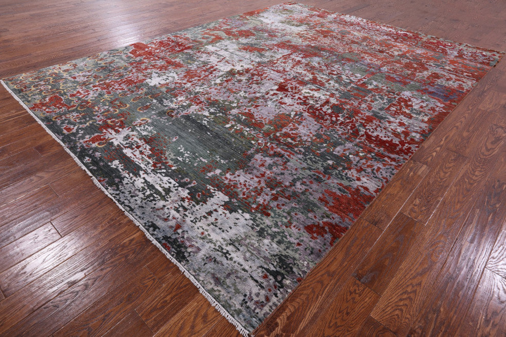 9' 0" X 11' 11"Abstract Wool and Silk Contemporary Hand Knotted Rug Q6331