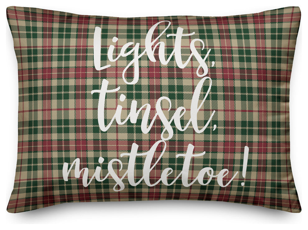 Lights, Tinsel, Mistletoe, Tartan Plaid 14x20 Lumbar Pillow