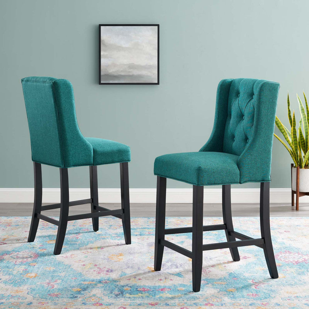 Counter Stool Chair, Set of 2, Fabric, Wood, Teal Blue, Modern, Bar Pub Bistro