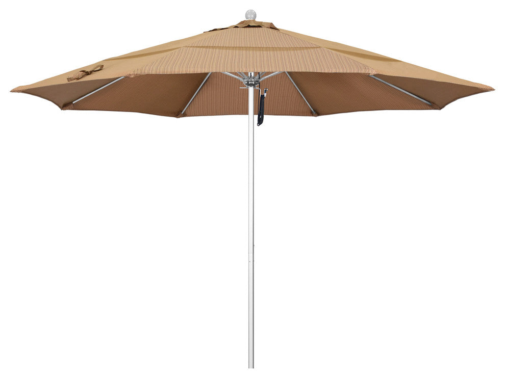 11' Silver Anodized Pulley Lift Fiberglass Rib Aluminum Umbrella, Olefin, Terrace Sequoia