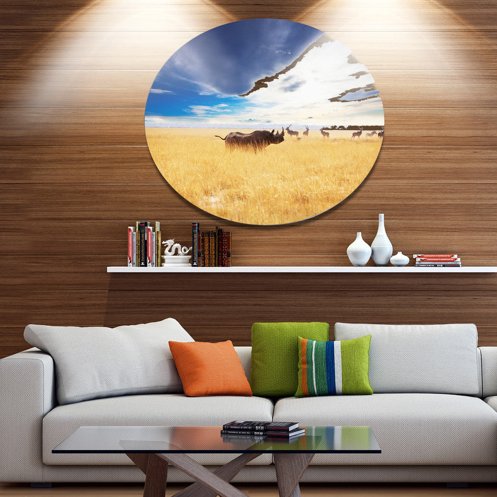 Huge Rhino With Antelopes, Seashore Round Metal Wall Art, 36"