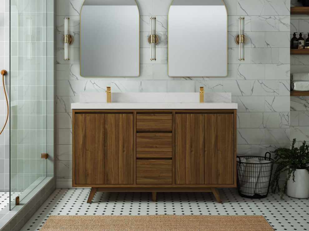 Madison Teak 60 Double Bathroom Vanity in Dark Natural 2" Carrara Quartz