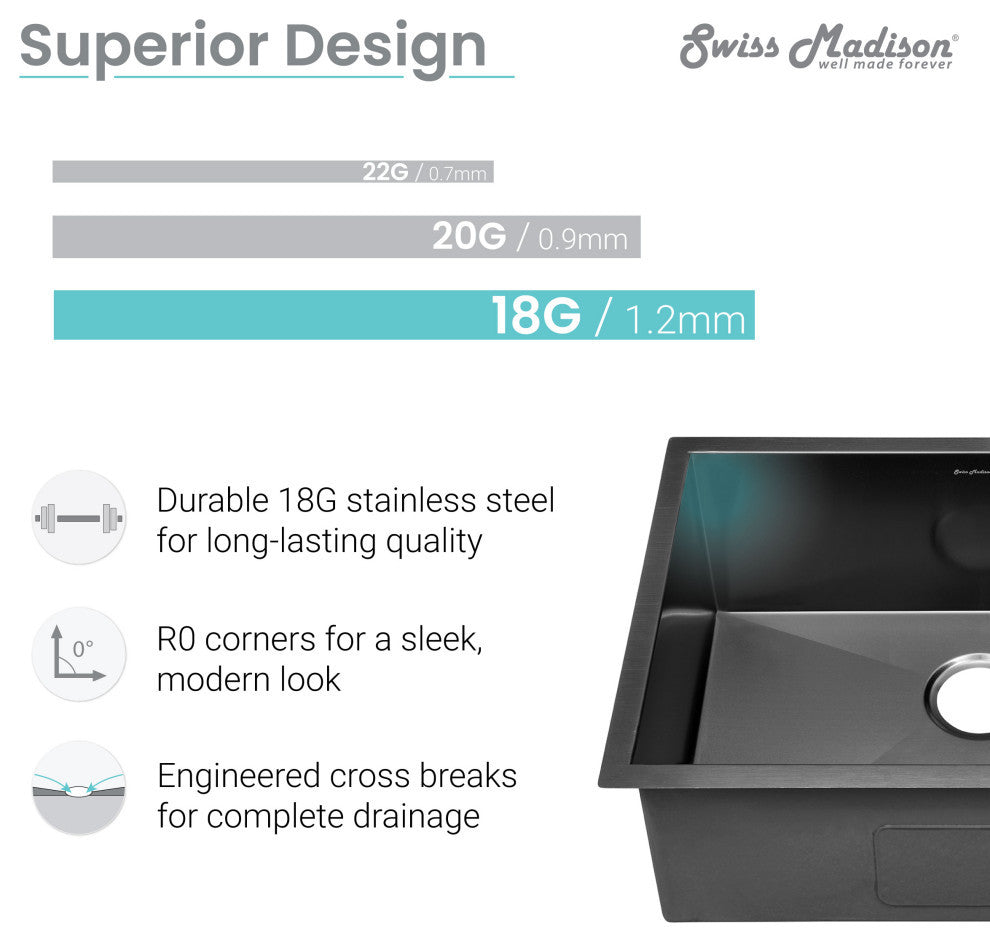 Plaisir 27"x19" Stainless Steel, Undermount Kitchen Sink, Black