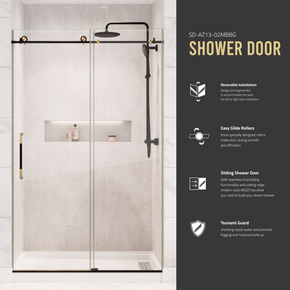 Madam 76-in. x 48-in. Frameless Sliding Shower Door, Matte Black/Brushed Gold
