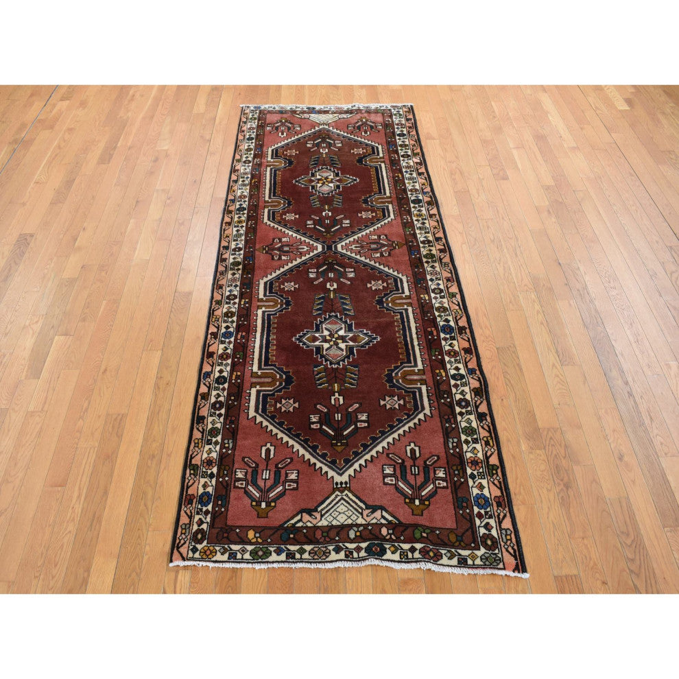 Red Vintage Persian Malayer Pure Wool Hand Knotted Wide Runner Rug 3'9" x 9'9"