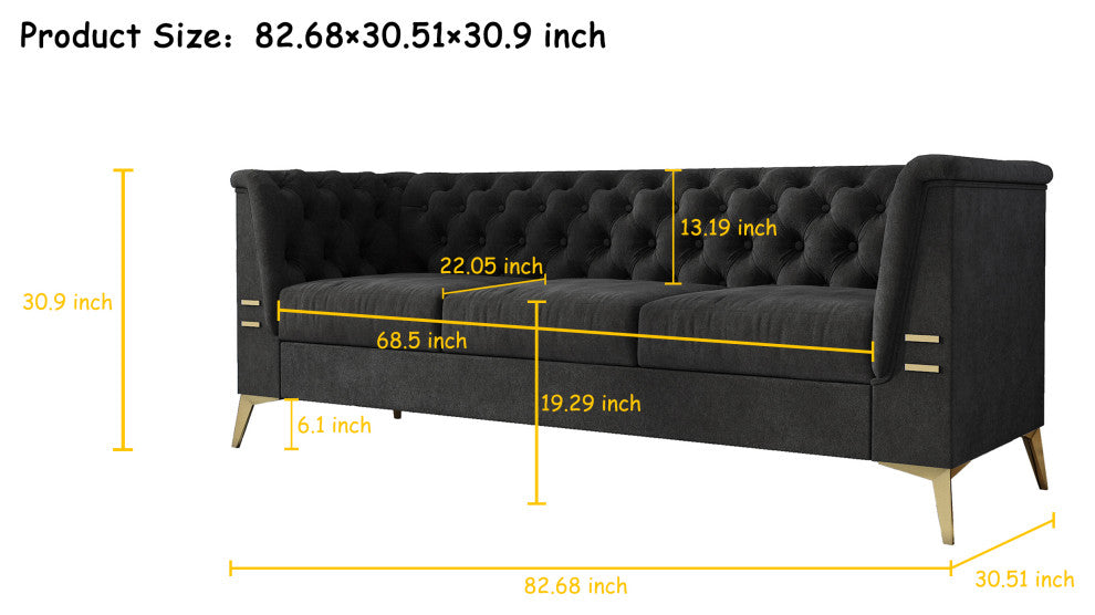 82.7'' Chesterfield Velvet Square Arm Sofa with Gold Leg, Dark Gray