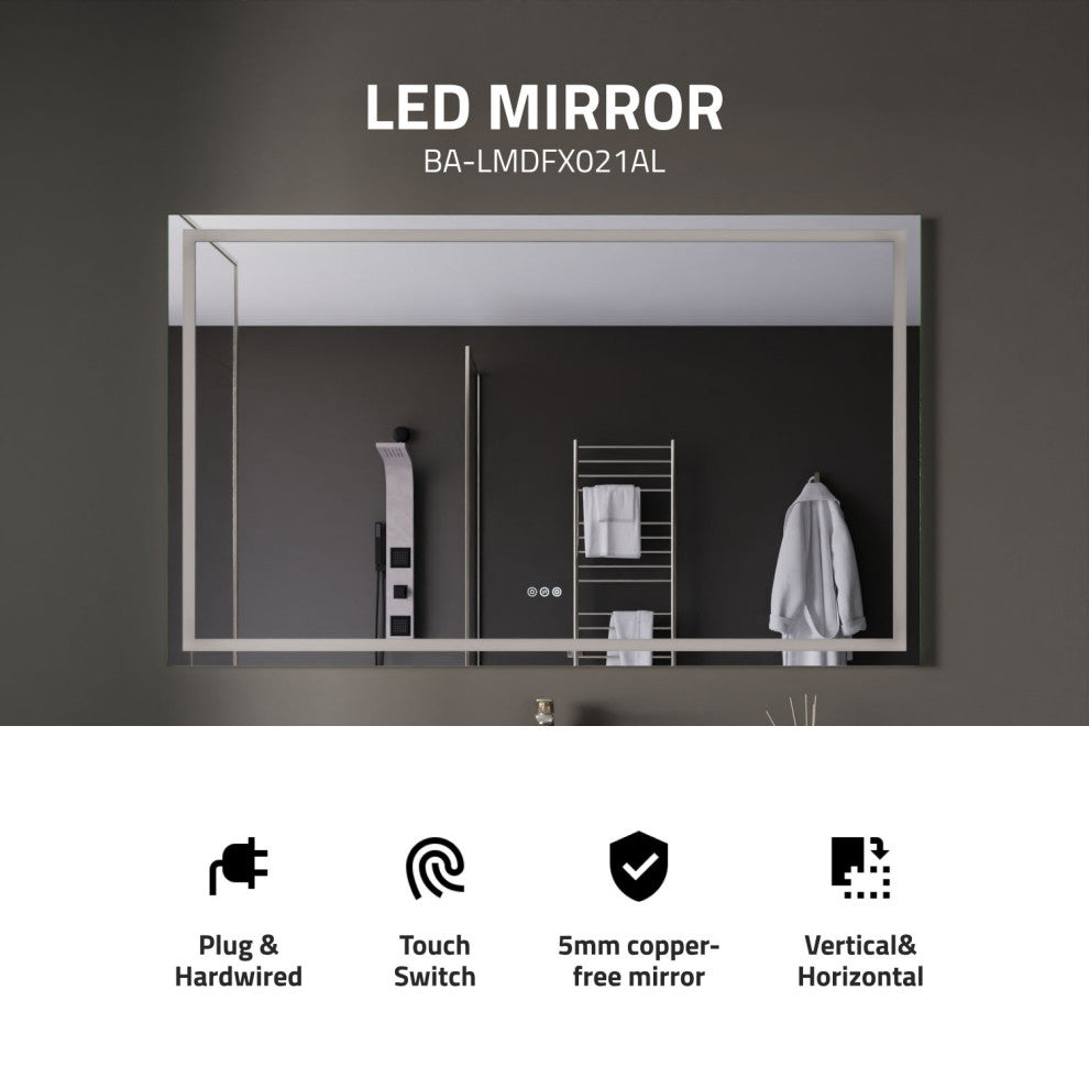 ANZZI 36" x 60" Frameless LED Front/Back Light Bathroom Mirror WithDefogger
