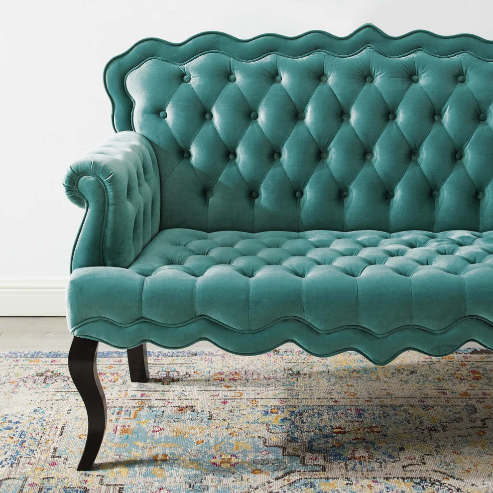 Modern Designer Lounge Loveseat Settee Sofa, Velvet Fabric, Aqua Blue