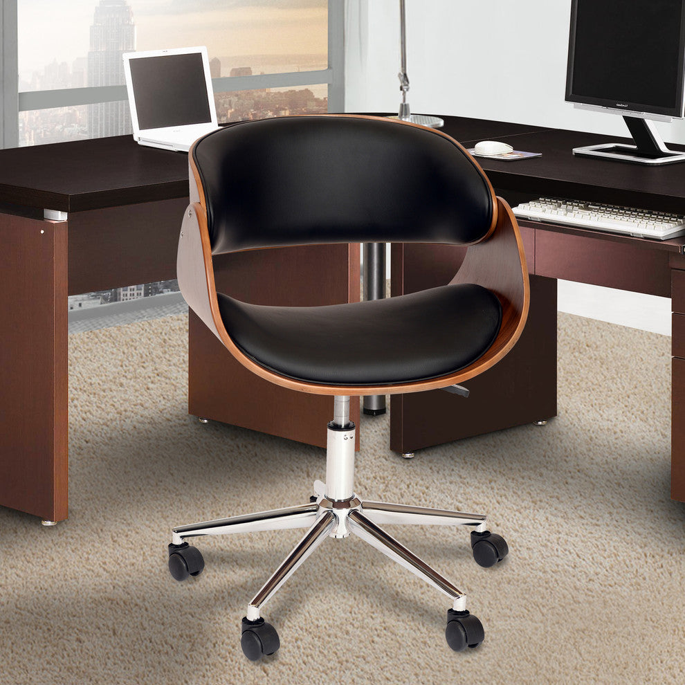 Jibrail Modern Office Chair, Chrome With Black Faux Leather & Walnut Veneer Back