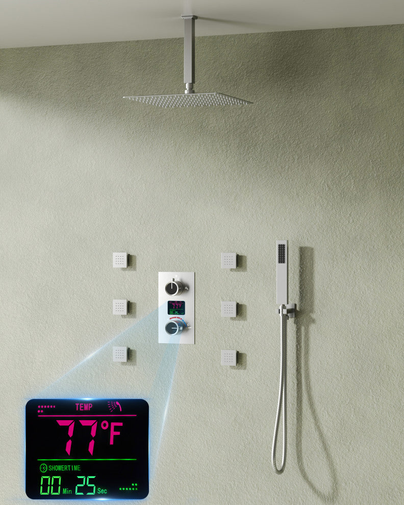 Digital Shower System 12" Rainfall Shower Head With 6 Body Jets, Brushed Nickel