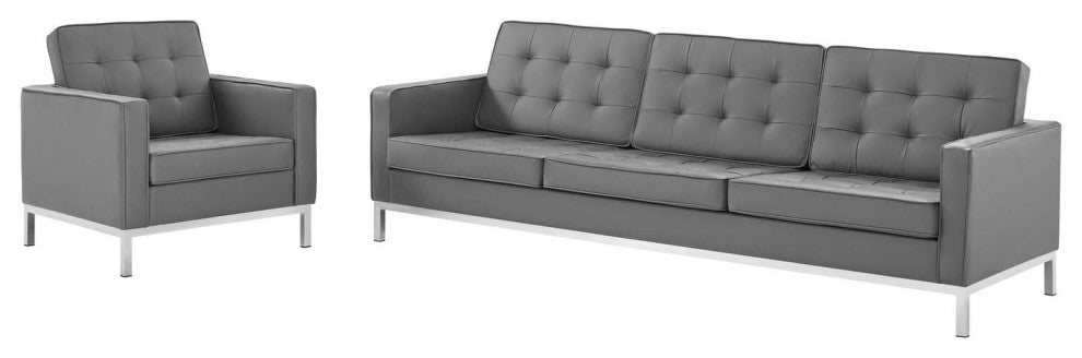 Tufted Armchair and Sofa Set, Faux Leather, Silver Gray, Modern, Lounge