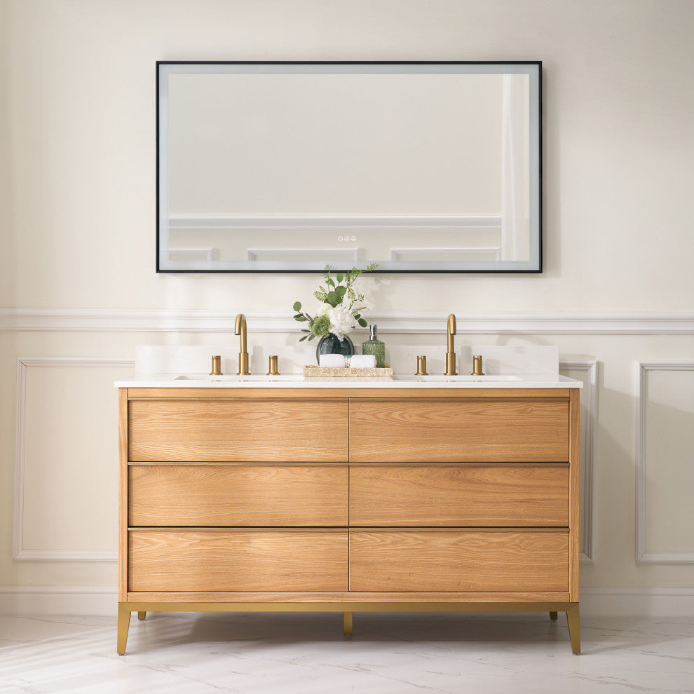 Nolan Freestanding Bathroom Vanity with Quartz Top, Light Oak, 60"