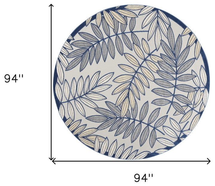 8' X 8' Ivory And Navy Round Floral Non Skid Indoor Outdoor Area Rug