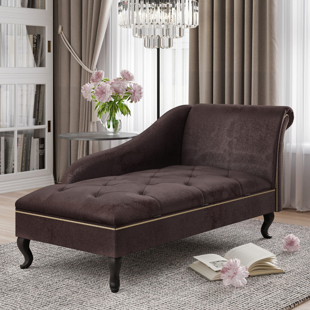 Nailhead Trim Velveteen Button-Tufted Storage Chaise, Brown