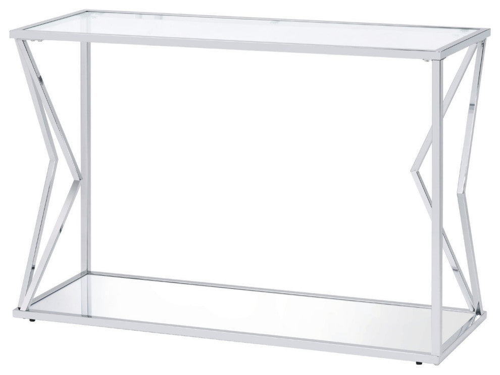 Benzara BM250392 Sofa Table With Glass Top and Bottom Shelf and Accent, Silver