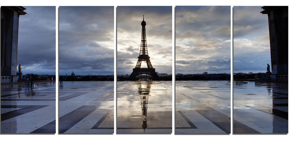 Reflection of Paris Eiffel TowerWith Clouds, Canvas Print, 60"x28", 5 Panels