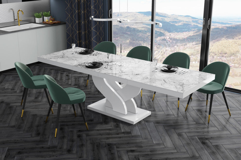 BELLA High Gloss Extendable Dining Table, Venatino/White