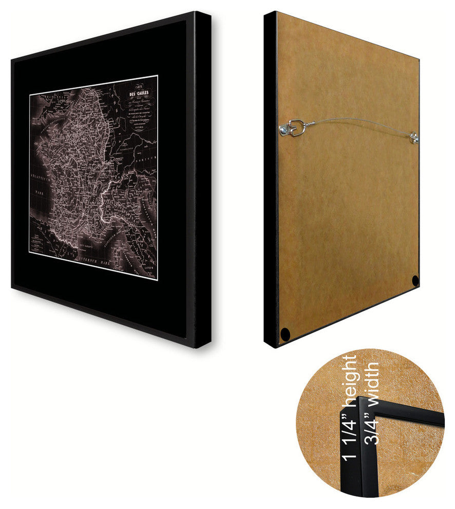 France Vivid Sepia Map Print On Canvas With Black Custom Frame, 16" X 21"