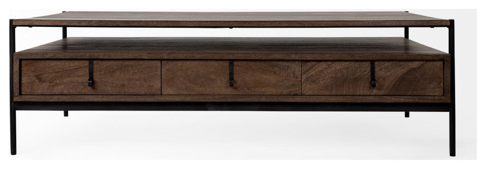 Rectangular Solid Wood and Black Metal Coffee Table W 3 Drawers