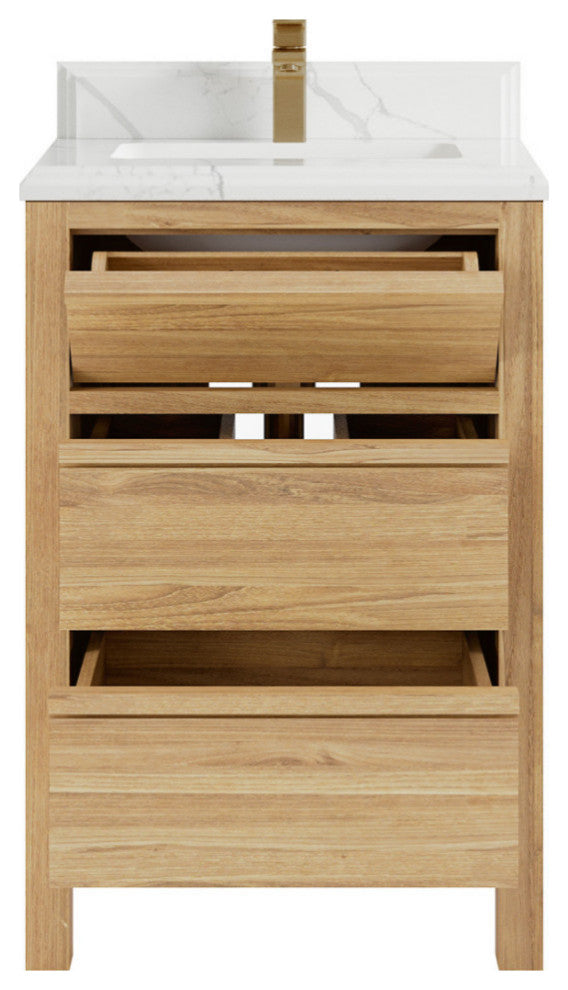 Elizabeth 24 Single Sink Bath Vanity in Light Natural Teak 1.5" Calacatta Laza