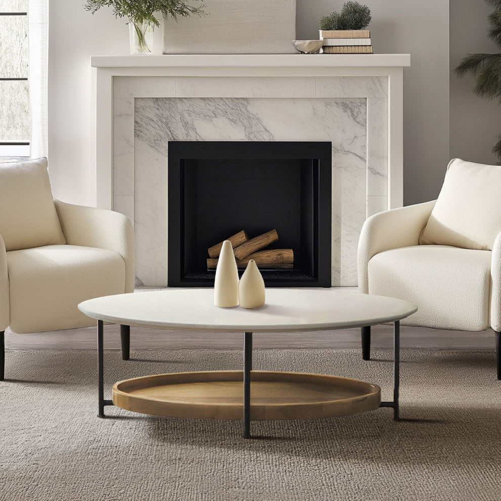 Madison Park Beaumont White Oval Coffee Table With Wood Base Shelf, Coffee Table