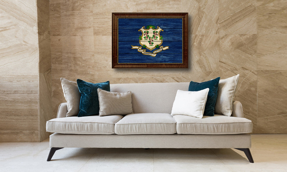 Connecticut State Textured Flag Print With Brown Gold Frame, 19"X27"