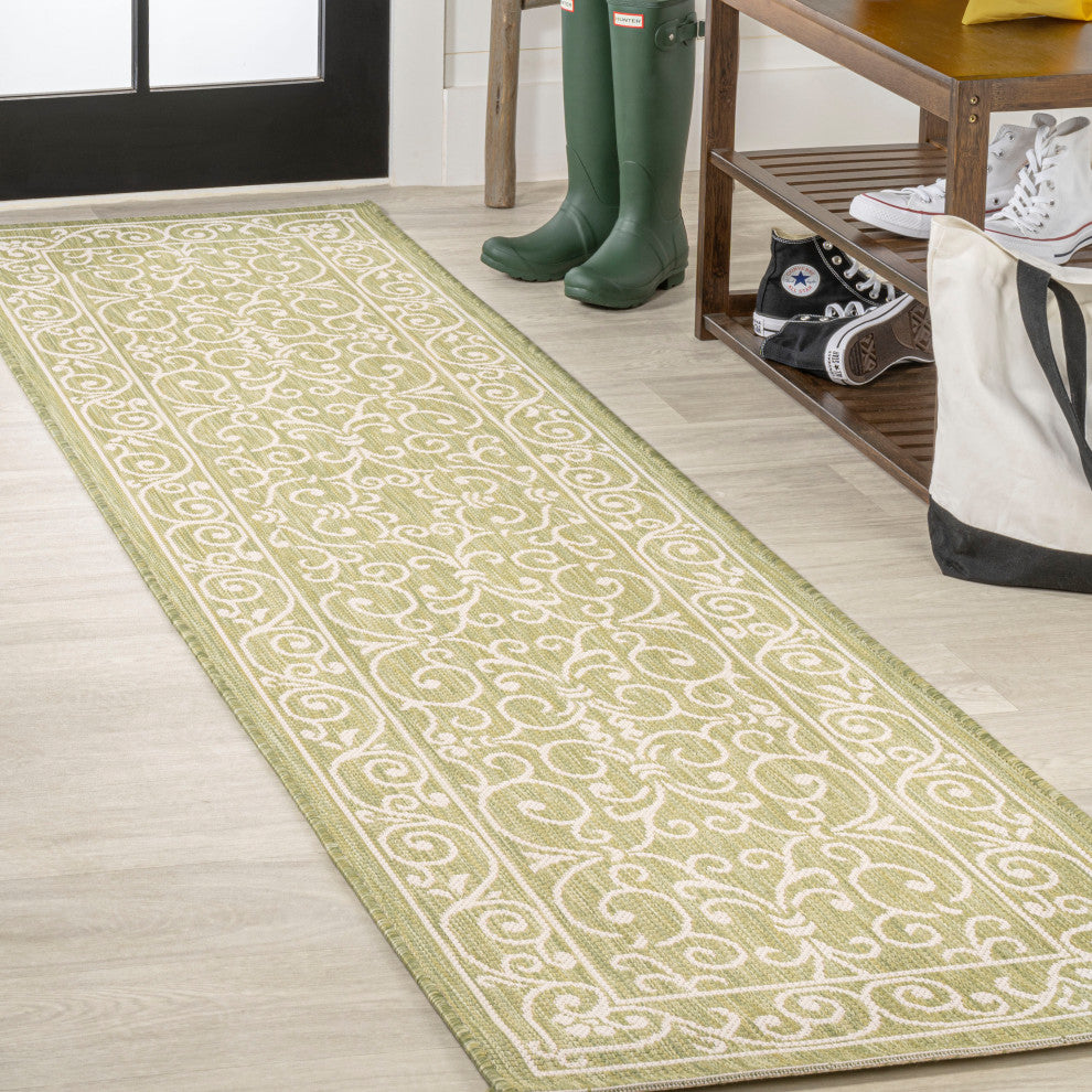 Charleston Filigree Textured Weave Indoor/Outdoor, Green/Cream, 2 X 10