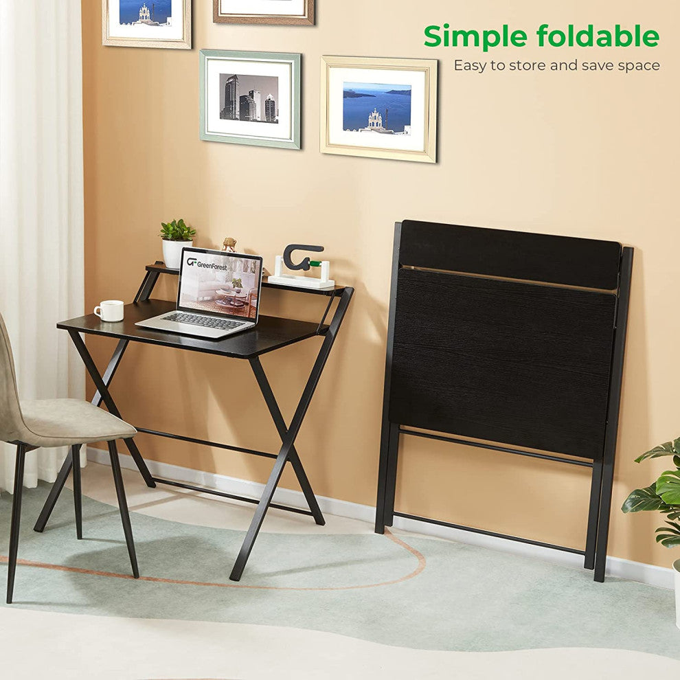Folding Desk, 2 Tier Computer Desk with Shelf Space Saving