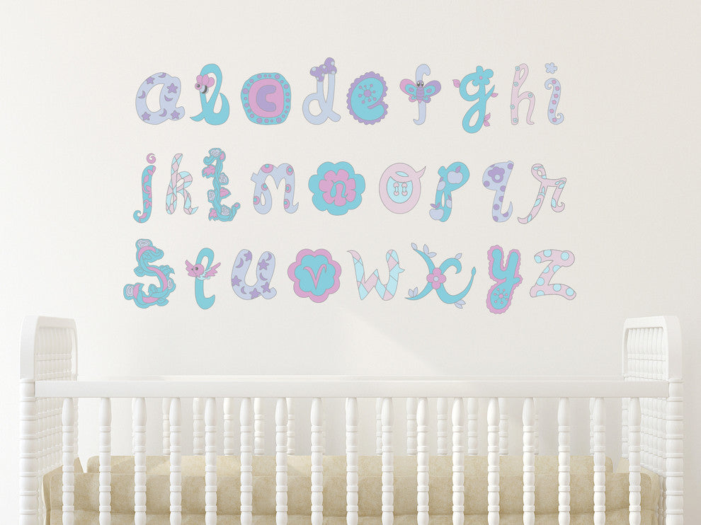 Alphabet Fabric Wall Decals , Script Alphabet in Pink and Purple