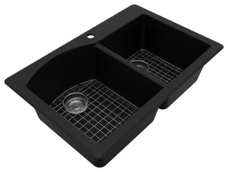 Karran Drop-In Quartz 33" 1-Hole 60/40 Double Bowl Sink Kit, Black