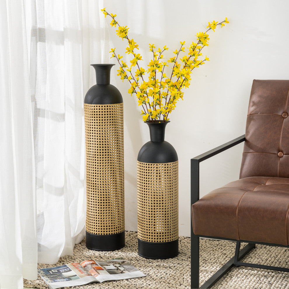 Boho Decorative Gold/Black Floor Metal Vase, Set of 2