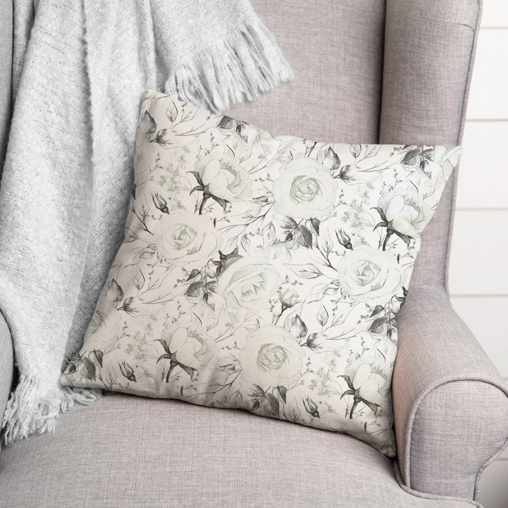 White Grayscale Roses 3 16x16 Spun Poly Pillow