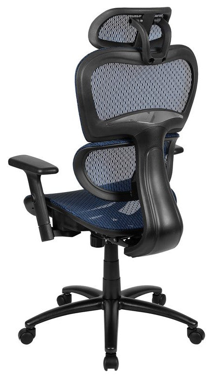 Contemporary Office Chair, Mesh Seat & Back With Adjustable Headrest, Blue